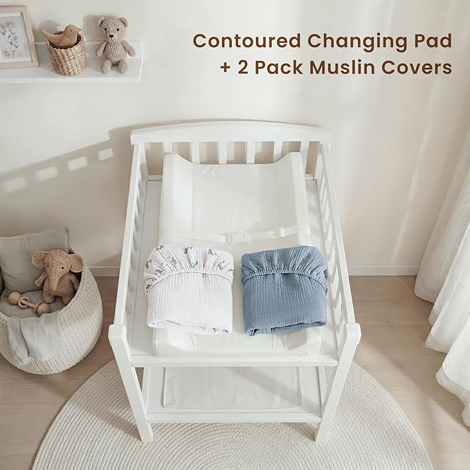 Konssy Muslin Changing Pad with Waterproof Lining Foam, Includes 2 Pack Soft & Cotton Cover, Baby Diaper Changing Pad for Dresser or Table, 32x16 inches (Little Whales, Blue)