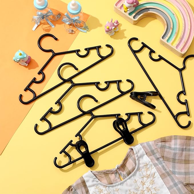 Hsei 5/10/40 Pack Baby Hangers with 10/20/80 Clips, Plastic Kids Pants Hangers for Nursery Closet Top and Bottom Clothes Hanger Set for Newborn Infant Toddler(120 Packs Total,Black,10.6 Inch)