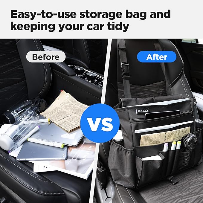 LUCMO Car Seat Organizer with Tablet and Laptop Compartment, Multiple Pockets Truck Front Seat and Backseat Organizer, Portable Large Capacity Office Bag with Adjustable Strap and Hardened Buckles