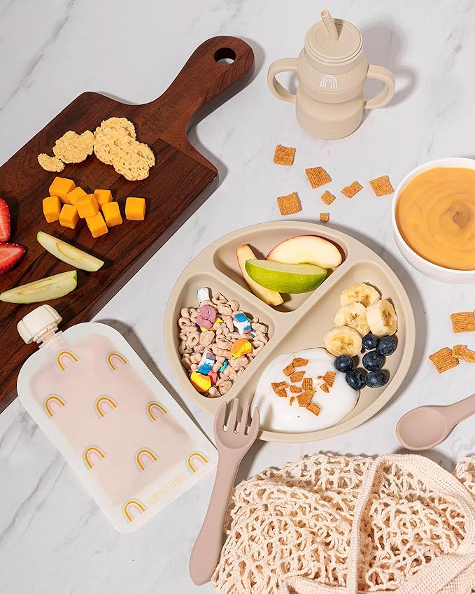 Hippypotamus Toddler Plates with Suction - 100% Food-Grade Silicone Baby Plates - Microwave & Dishwasher Safe - BPA Free - Set of 3 (Sage/Blush/Nude)