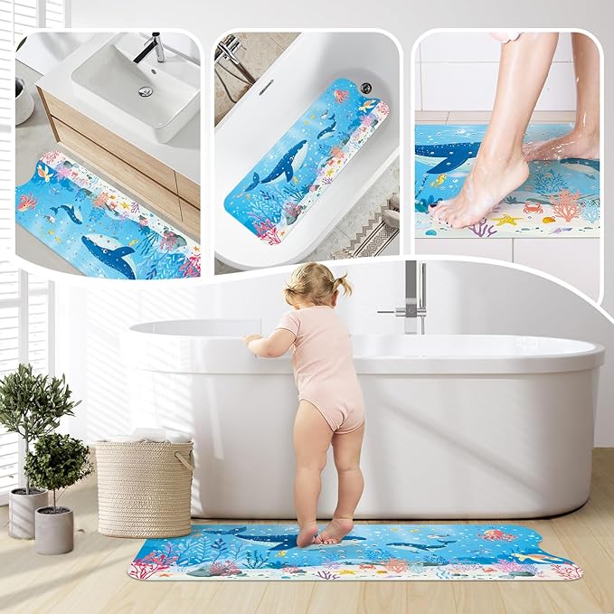 SHUCHING Baby Bath Mat for Tub Non Slip-40 X 16 Inch, Bathtub Mat Non Slip for Kids, Toddler Long Shower Mat for Bathroom, Whale