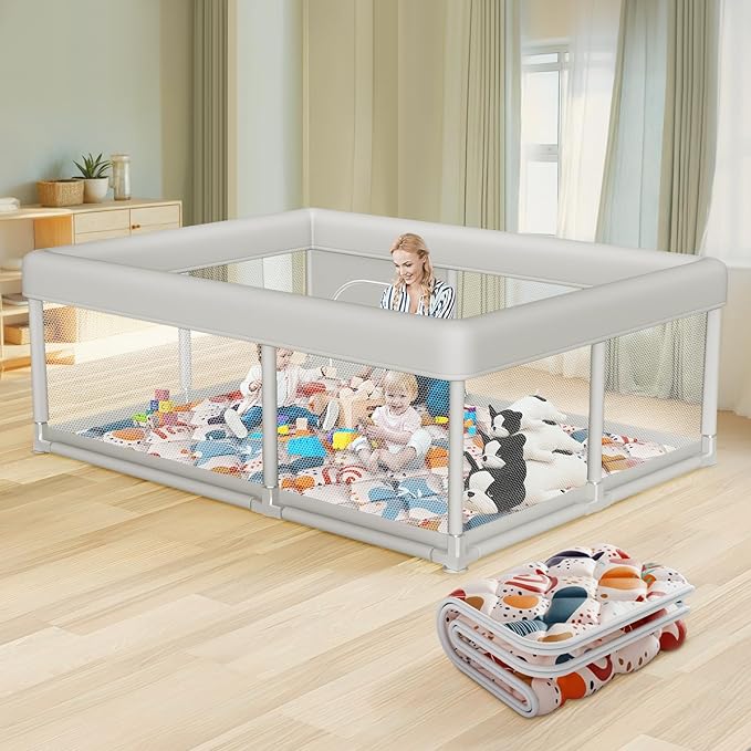 65 x 50 Inch Baby Playpen with Mat, PlayPen for Babies and Toddlers, Sturdy Safety Play Yard for Indoor & Outdoor with Zipper Gates