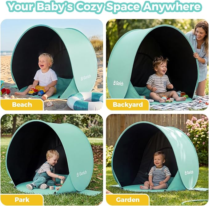 Gorich Pop Up Baby Beach Tent with UPF50+ UV Protection, Portable Toddler Sun Shelter with Mesh Ventilation, Lightweight & Foldable Play Shade Tent for Beach, Park & Backyard
