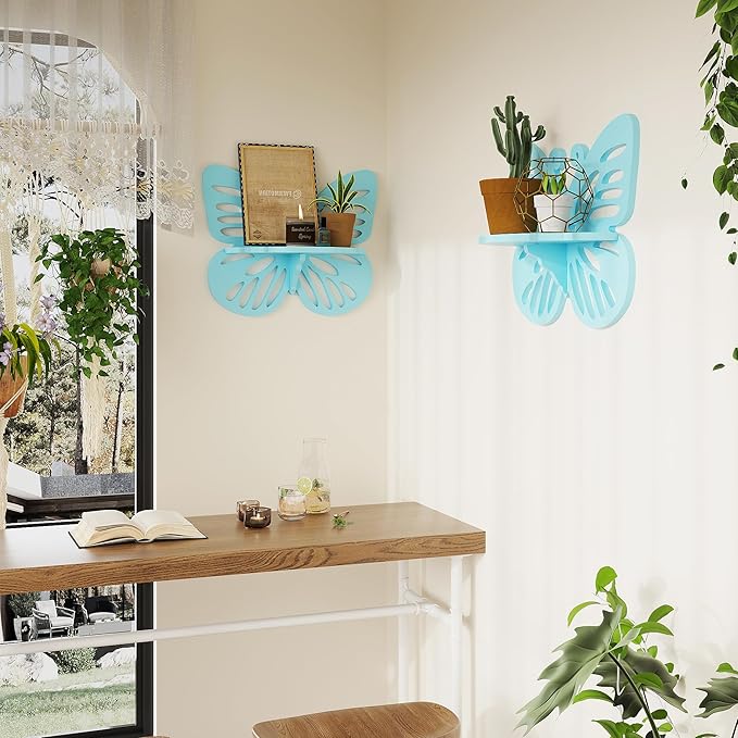 Butterfly Shaped Nursery Wall Deor Floating Shelf, Small Decorative Shelf Wall Mounted, Cute Wall Display Rack for Kid’s Room, Hanging Wall Shelf for Toys, Plants and Decorations Storage,Light Blue