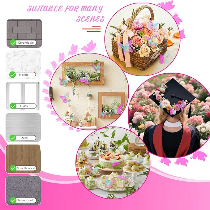 3D Butterfly Wall Decor 3 Sizes 4 Styles Butterfly Party Decorations Cake Decorations Removable Stickers Wall Decor Room Mural Metallic (Laser Pink Purple, 96Pcs)