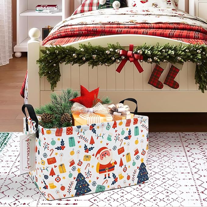 QUEENLALA Rectangular Laundry Hamper/Foldable Nursery Laundry Basket for Organizing/Storage Bin Baskets/Children Toy Office Bedroom/Toy Bin Closet Shelf Baskets(Rec-Father Christmas)