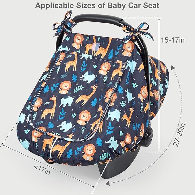 FIOBEE Baby Car Seat Cover, Car Seat Covers for Babies Infant Car Seat Canopy with Breathable Mesh Window Waterproof Carseat Cover for Babies Boy Girl 4 Seasons, Dark Blue Giraffe