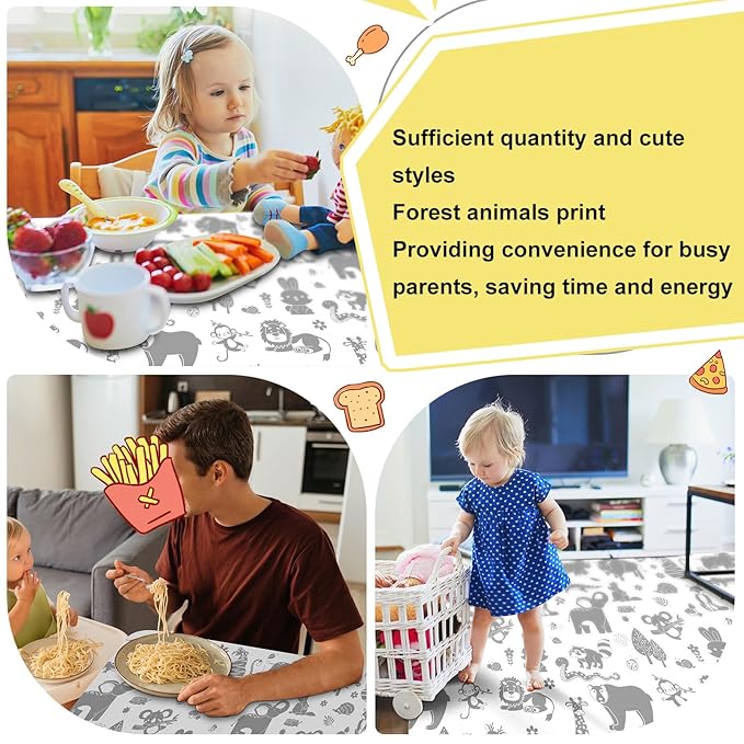 Drydiet 100 Pack 28"x47" Disposable Floor Splat Mats for Under High Chair with Animals Print, Waterproof Plastic Floor Mat Multipurpose Baby Led Weaning Supplies(Forest Animal)