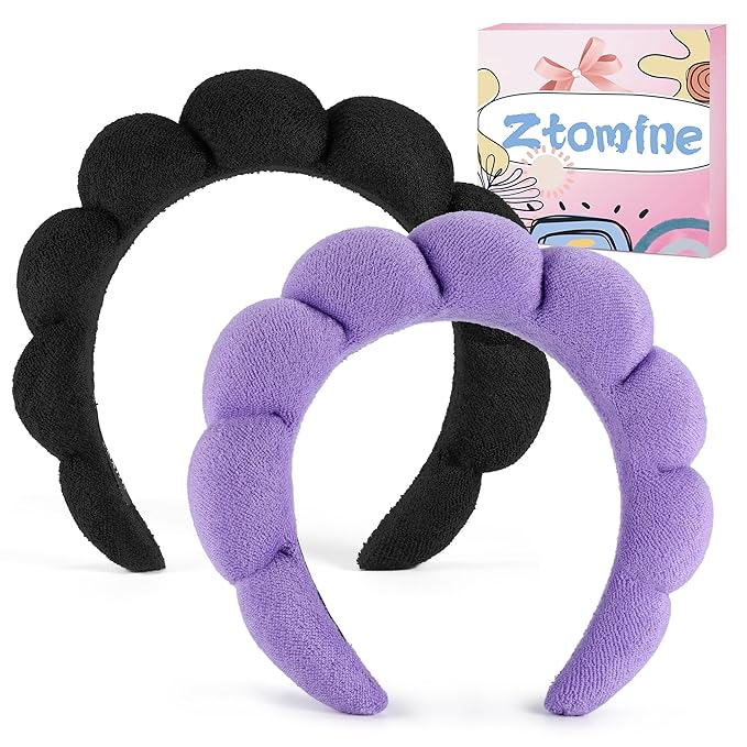 Terry Cloth Spa Headbands for Washing Face or Facial, Set of 2, Black & Purple - Puffy Makeup Headbands for Face Washing, Mask, Skin Treatment