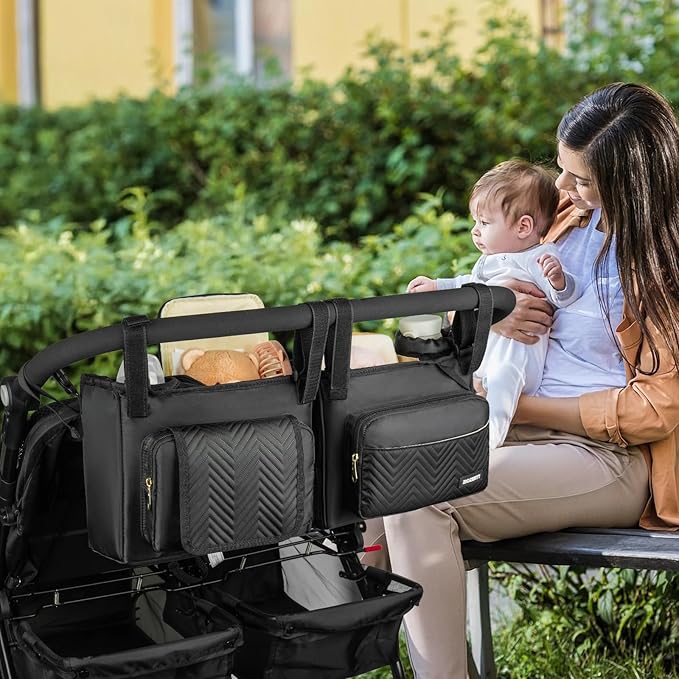 Double Stroller Caddy Compatible with Bob Duallie,Baby Jogger City Mini Gt2 and Zoe Twin V2,Double Stroller Parent Console with Cooler Bag and Cup Holder,Black