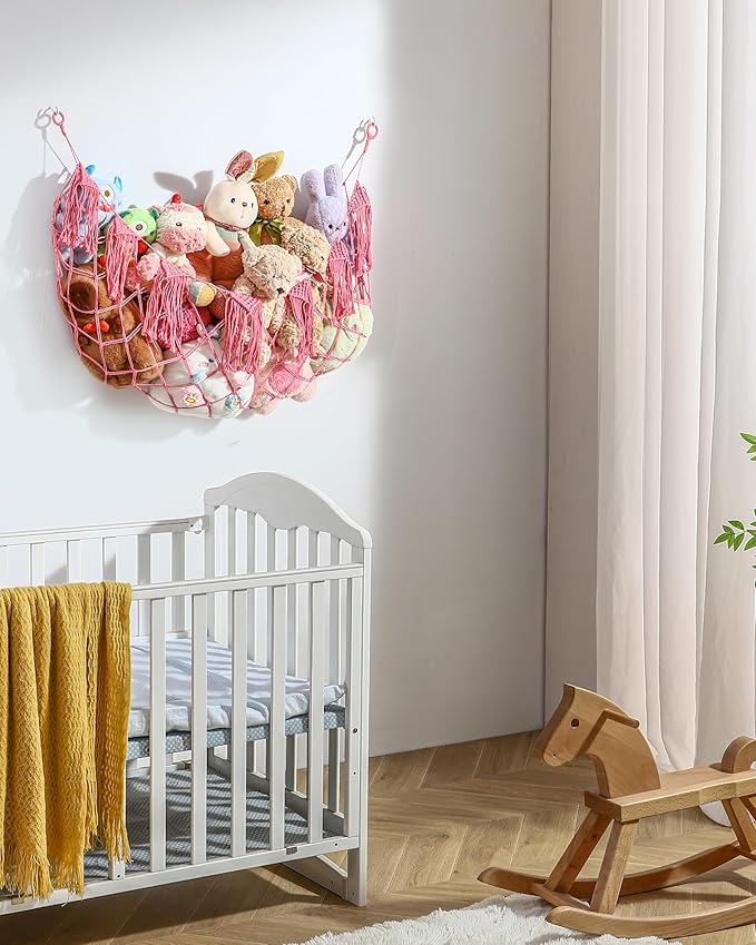 Boho Macrame Stuffed Animal Hammock with LED Lights, Wall Corner Hanging Plushie Net, Large Toy Organizer for Kids Bedroom Nursery Playroom & Dorm (Pink XL)