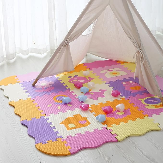 Tamiplay Foam Play Mat for Kids,25Pcs Square Interlocking Puzzle Floor Mat,Baby Play Mat Floor Mat Foam Puzzle Playmat for Toddlers with Fence - 9 Different Animal