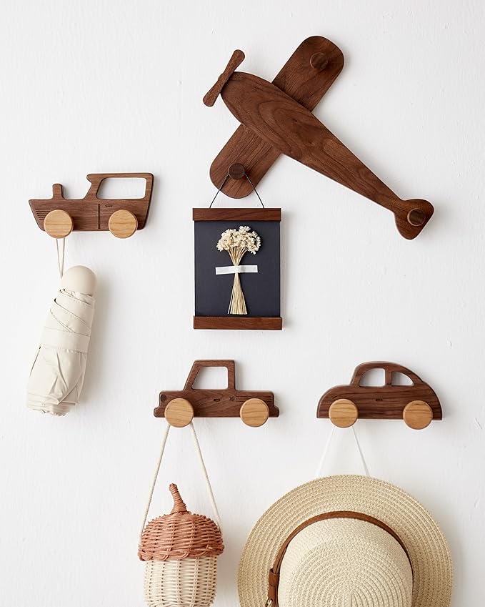 Kids Coat Hooks Wall Mount, Walnut Car-Shaped Coat Rack Heavy Duty for Bathrooms,Kids’ Room,Door,Nursery,Entryway, 4 Pack Wood Wall Hooks for Hanging Hats,Backpacks,Towels,Keys&Clothes
