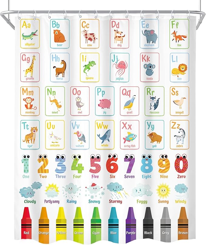 Alphabet ABC Kids Shower Curtain 60Wx72H Children Cartoon Cute Animal Colorful Educational Bathroom Curtain Set Number Learning Bath Curtain Fabric Baby Girls Boys Bathroom Decor with 12 Hooks