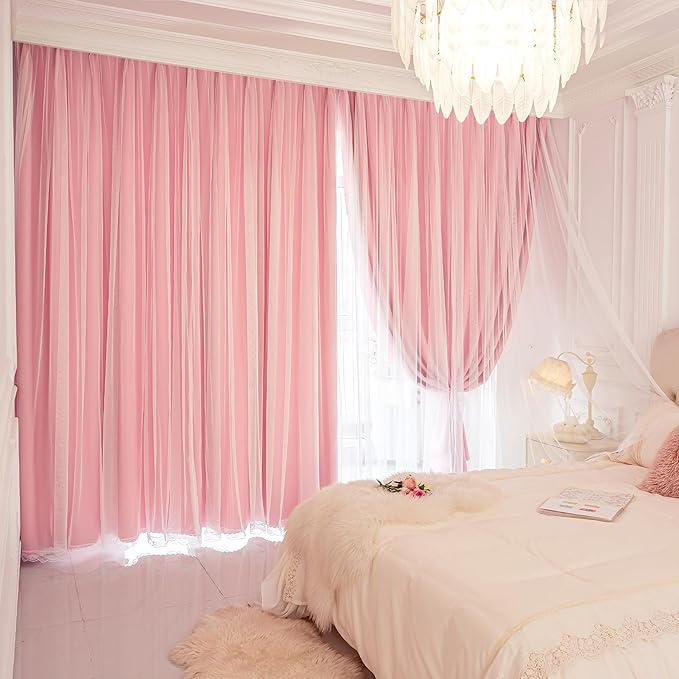 XiDi Full Blackout Pink Curtains with Sheer Overlay Double Layer Curtains for Nursery Girls Bedroom 84 Inches Long 2 Panels Kids Toddler Princess Room Decor Grommet Privacy Window Drapes W34 X L84