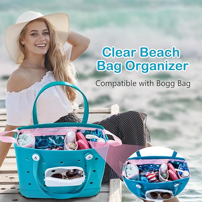 Clear Beach Bag Organizer Insert with 3pcs Accessories for Medium Bogg Bag Inserts -Beach Tote Bag Divider with Sunglasses Holder, Phone Holder and Clips Hooks - Beach Tote Insert Organizer Liner