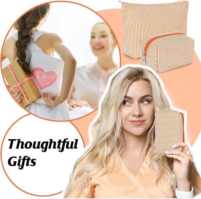 2 Pcs Makeup Bag Set Cute Cosmetic Pouch for Women Seersucker Travel Toiletry Bag Preppy Small Makeup Purse Pouch Aesthetic Skincare Brushes Storage Organizer for Valentine Women(Orange)