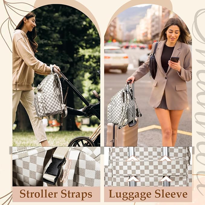Omanmoli Checkered Diaper Bag Backpack Large Baby Diaper Bag Leather with 17 Diaper Bag Organizing Pouches,Changing Pad,Stroller Straps,4 Insulated Pockets,Beige&Honey