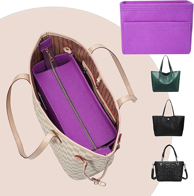 Vercord Felt Zipper Handbag Tote Purse Duffel Backpack Organizer Insert Purple Medium