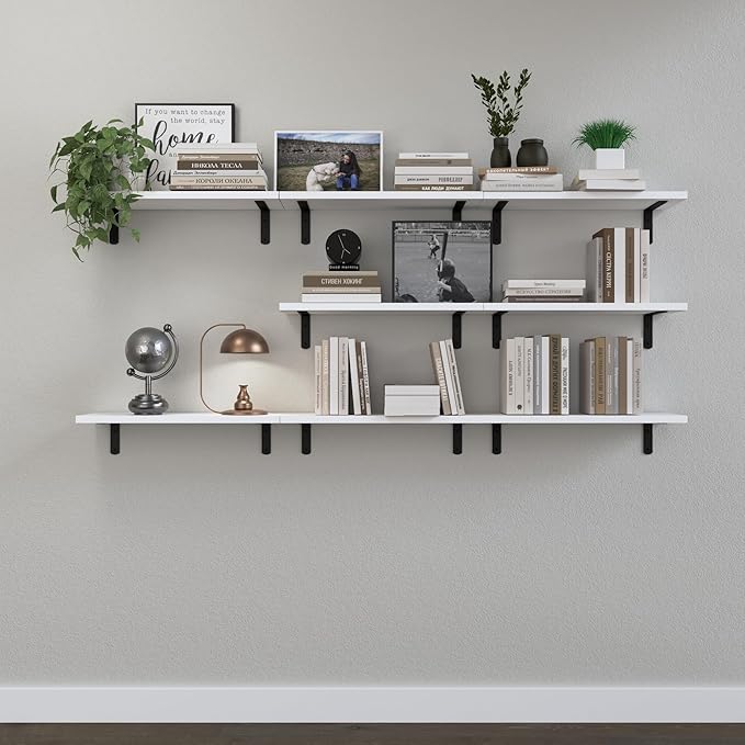 Floating Shelves, 8 Sets Wall Shelves, Wooden Floating Shelves for Bedroom Wall Décor, Wall Mounted Floating Bathroom Shelf for Storage, Floating Book Shelf Living Room – White, HM02