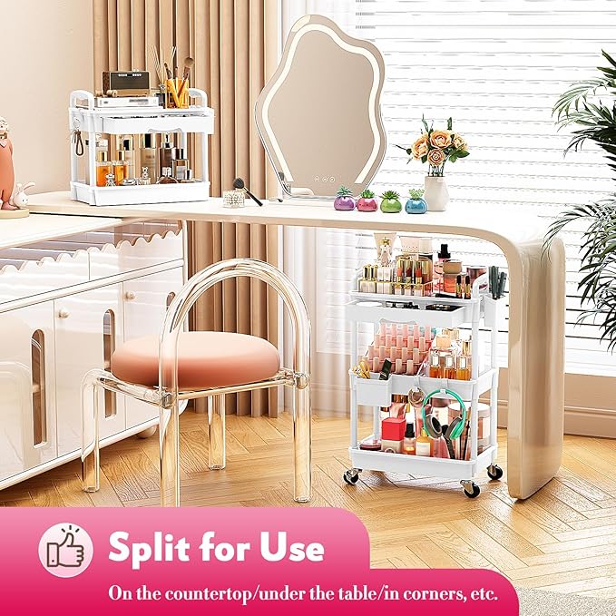 Makeup Cart Organizer with Drawers, Floor Skincare Organizers Vanity Storage Organizer, Rolling Makeup Bathroom Storage Cart Cosmetics Display Cases for Skin Care Perfume Nail Polish, White