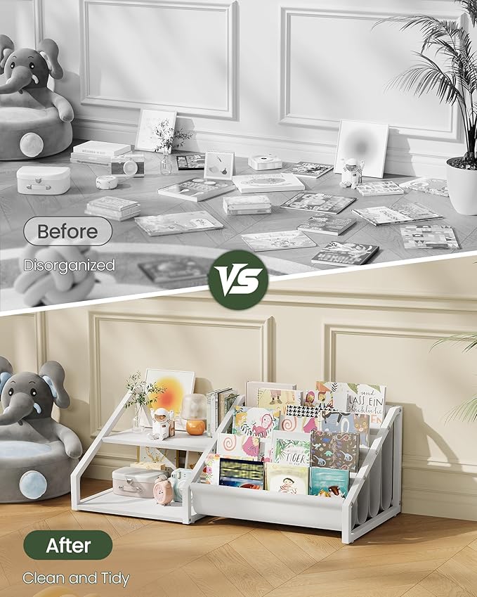 CHOEZON Kids Bookshelf, Book Shelf for Kids Rooms, Toddler Bookshelf with 2 Open Shelves and 4-Tier Sling Rack, for Kid Room, Nursery, Bedroom, Playroom, White TCW16WB