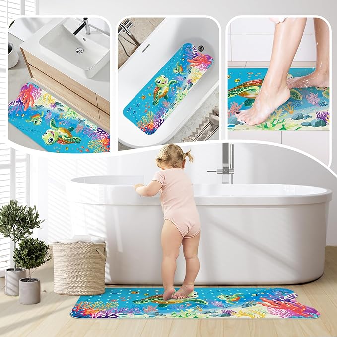 SHUCHING Baby Bath Mat for Tub Non Slip-40 X 16 Inch, Bathtub Mat Non Slip for Kids, Toddler Long Shower Mat for Bathroom, Sea Turtle