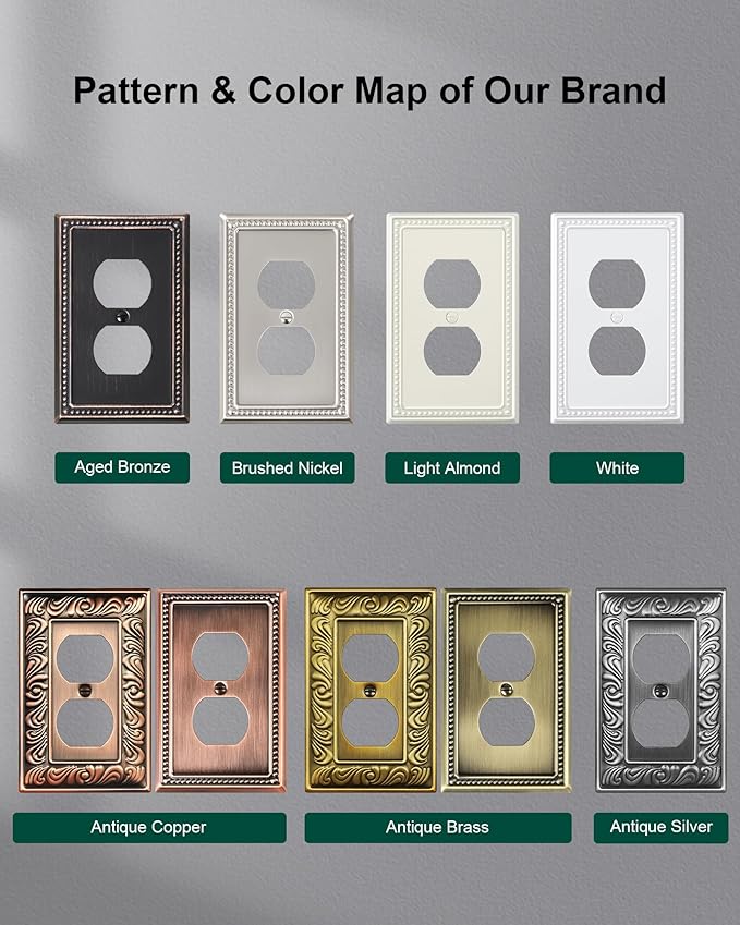 6-Pack Duplex Outlet Cover Plate, Pure White Metal Wall Plates for Electrical Outlets, 1 Gang Receptacle Light Switch Cover, Pearls Decorative Switch Plates and Outlet Covers