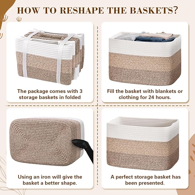 Degeyoyo Woven Storage Baskets, Baskets for Organizing, 3 Pack Woven Basket for Storage, Storage Baskets for Shelf, Towel, Toy, Book, Closet, Baby 15"×10"×9"