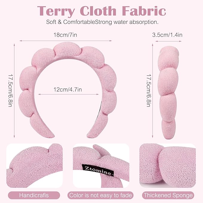 Headband, Set of 2 - Terry Cloth Spa Headbands for Washing Face or Facial, Puffy Makeup Headbands for Face Washing, Mask - 1 Beige + 1 Pink