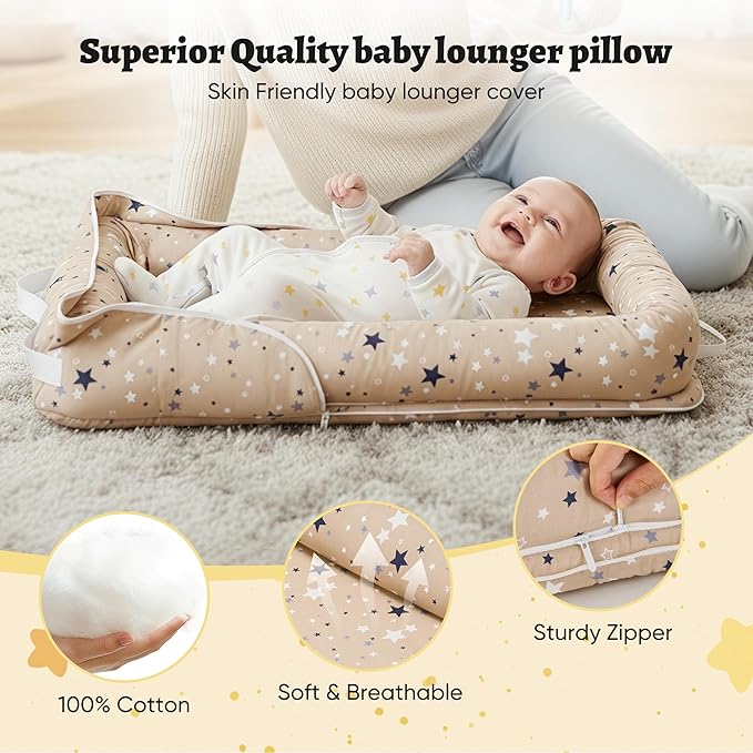 Miereirl Baby Lounger for Newborn, Dock A Tot & Baby Lounger Pillow with Soft Cotton, Infant Lounger for 0-24 Months, Baby Nest Lounger, Essentials Gifts Nest Cover - Star