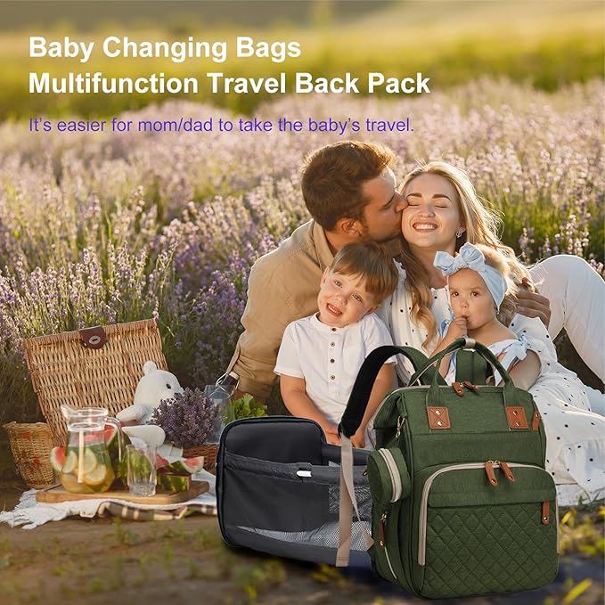 Lamroro Diaper Bag with Changing Station, Waterproof 3 in 1 Baby Diaper Backpack with Foldable Changing Pad, Large Travel Back Pack for Girl Boy, Green