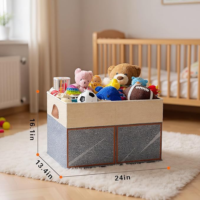 HISULIV 1 Pack Large Toy Storage Box with Clear Lids Collapsible Toys Chest Organizer Bin Basket with Adjustable Dividers for Kids Boys Girls Living Room Nursery Playroom Closet Beige and Grey