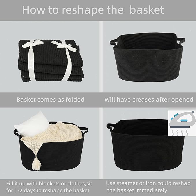 Large Rectangle Blankets Basket Living Room 22"x17"x12" Woven Cotton Rope Storage Baskets for Nursery Toy Baskets for Kids and Dogs Wicker Laundry Basket Bin for Clothes Towels black