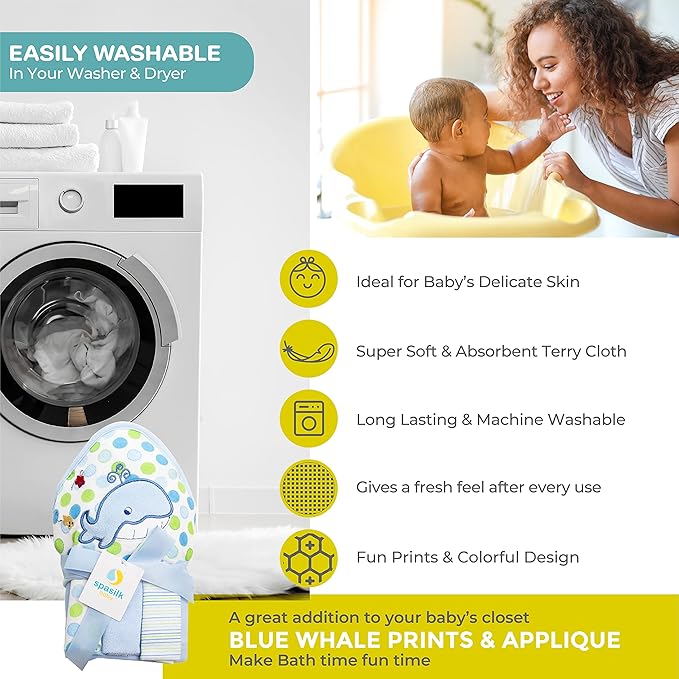 Spasilk Baby Bath Hooded Terry Towel with 3 Washcloths, Baby Bath Essentials, One Size, Blue Whale (Pack of 3)