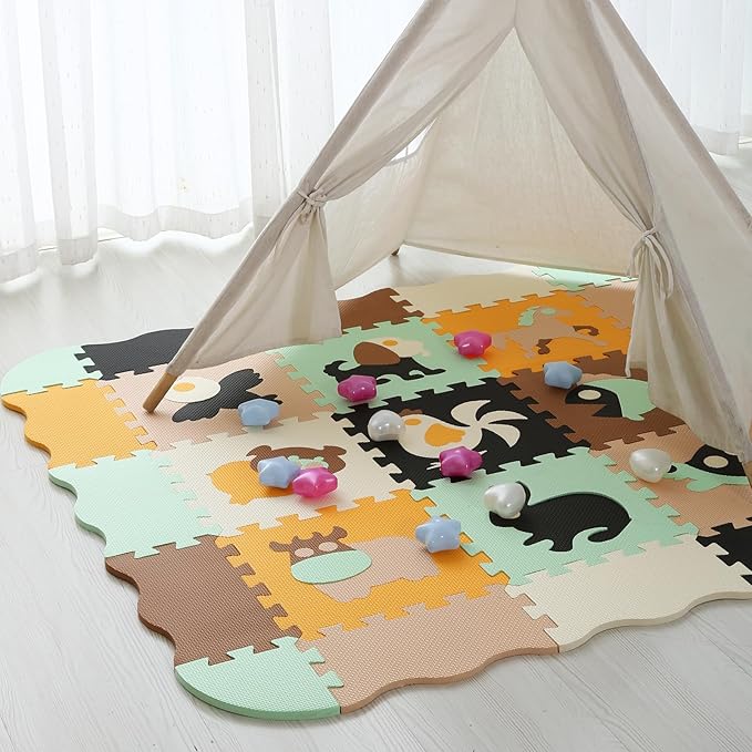 Tamiplay Foam Play Mat for Kids,25Pcs Square Interlocking Puzzle Floor Mat,Baby Play Mat Floor Mat Foam Puzzle Playmat for Toddlers with Fence(Animal-CSH005