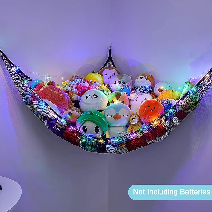 Unicorn Castle Stuffed Animals Net or Hammock Kids Toy Storage Organizer with LED Light Hanging Corner Stuffed Animals Holder Kids Girls Room Decor,Black,Large (Pack of 1)