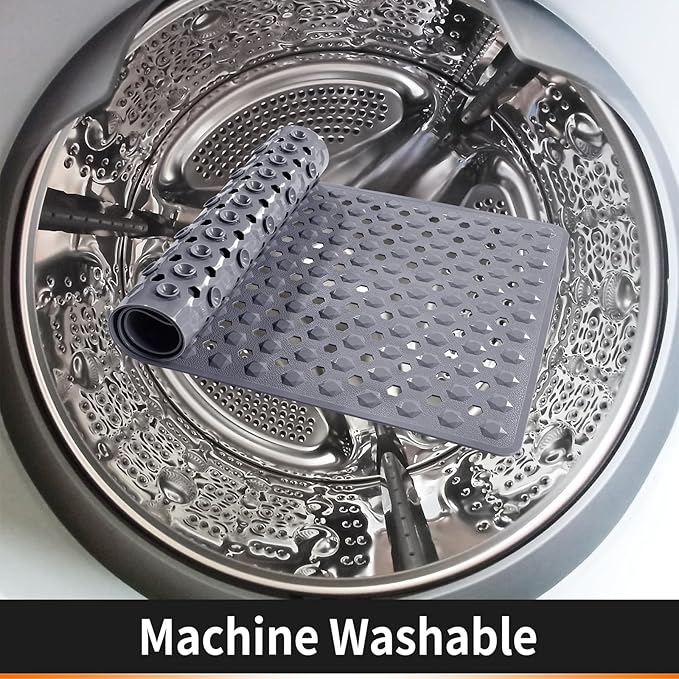 Yimobra Bathtub Mat Non Slip, 27.5"x15.5" Machine Washable Shower Floor Mat, Soft on Feet, Bathmat with Drain Holes and Suction Cups, Bathroom Essentials, Grey