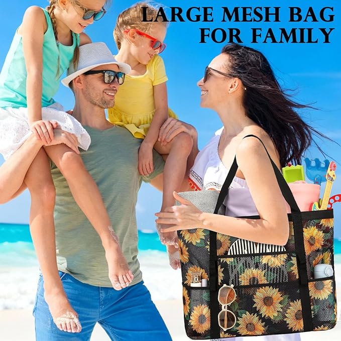 Mesh Beach Bag, Large Beach Tote with Zipper Pocket for Family Pool Bag for Toys & Vacation Essentials