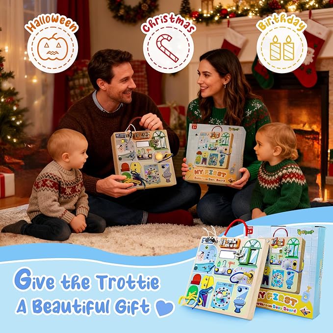 Teekdeer Busy Board Montessori Toys for Toddler 1-3 Year Old, Wooden Sensory Board with LED Light Switches,Bathroom Theme Travel Toys for 1+ Year Old Boy & Girl Birthday Gift