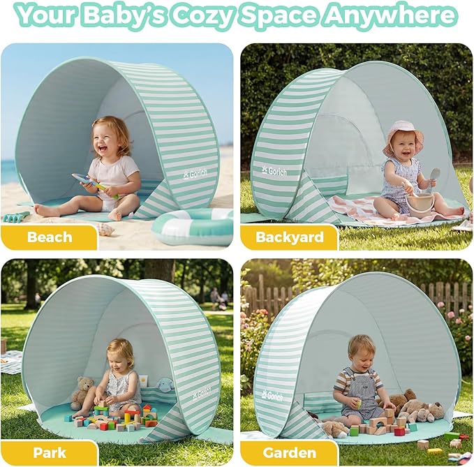 Gorich Pop Up Baby Beach Tent with UPF50+ UV Protection, Portable Toddler Sun Shelter with Mesh Ventilation, Lightweight & Foldable Play Shade Tent for Beach, Park & Backyard