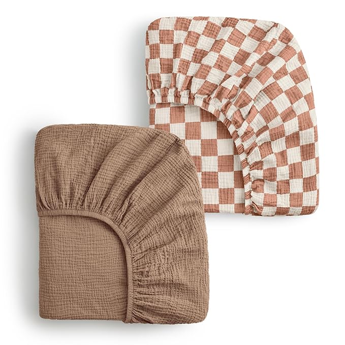 Blissful Diary Muslin Changing Pad Cover for Baby Girls Boys, Ultra Soft Breathable Cotton, Baby Diaper Change Table Pad Covers, 2Pack (Checkered Brown & Brown)