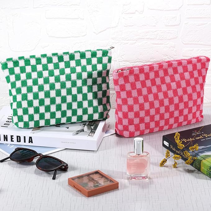 ZLFSRQ 2Pcs Checkered Makeup Bag for Women Large Capacity Cosmetic Bag Set Travel Makeup Pouch for Purse Zipper Toiletry Organizer Cute Y2K Aesthetic Trendy Skincare Storage Organizer(Pink/Green)