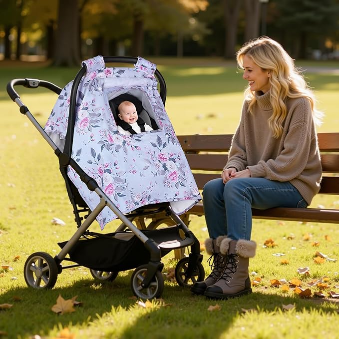Car Seat Cover Baby, Carseat Covers Baby with 2 Layers Breathable Windows, Windproof Infant Car Seat Cover, Kick-Proof Baby Carrier Cover for Baby Girl Newborn Essentials