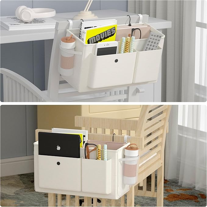 Edudif Bedside Caddy Bedside Organizer with Fixed Straps & Water Bottle Holder, Bunk Bed Caddy ideal for Home, Dorm, Hospital, Crib, Versatile Bedside Storage Solution (White 2pcs)