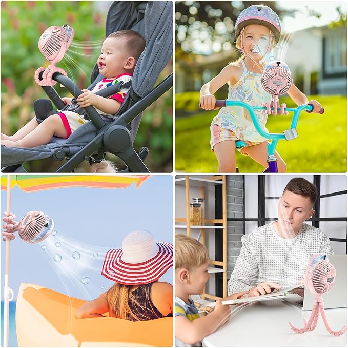 2025 Upgarded 4000mAh Misting Baby Stroller Fan, Rechargeable Battery Operated,Max 15Hrs Cooling,50ml Portable Water Sprayer Misting Fan with Flexible Tripod Clip on Car Seat Crib Treadmill Bunk Bed