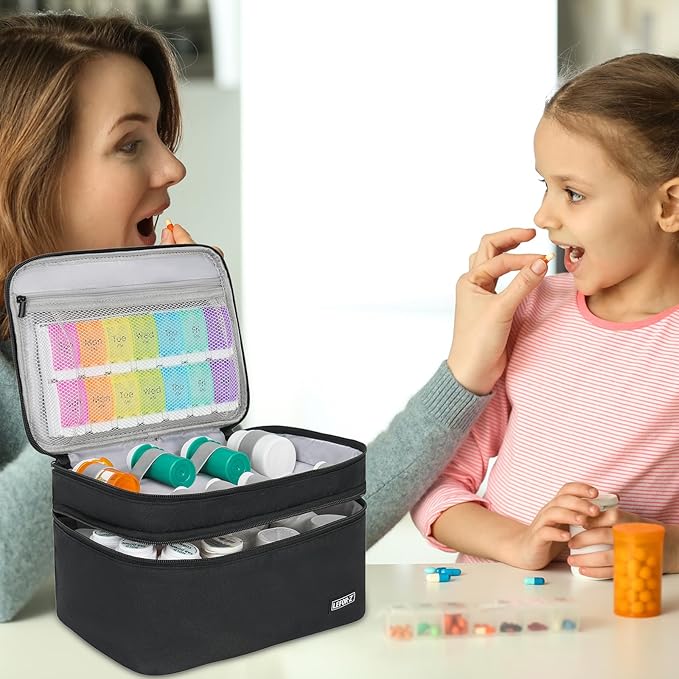 LEFOR·Z Medicine Storage Bag,Double Layers Pill Bottle Organizer Bag Empty with Lockable Zipper&Adjustable Divider,Medication Travel Carrying Bag for Pills,Vitamins,Medical Supplies