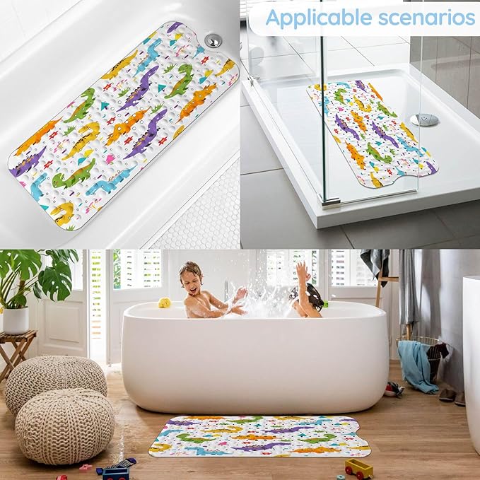 KINUUIS Bathtub Mats for Kids, Cartoon Dinosaur Bath Mat for Tub Non Slip, 40 X 16 Inch Large Washable Bathtub Mat Non Slip for Showers with Drain Holes and Suction Cups