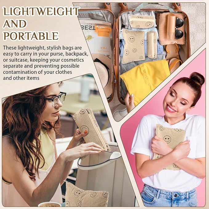 3 Pcs Makeup Bag Set for Women Corduroy Cosmetic Pouch Aesthetic Smile Travel Toiletry Bag Cute Purse Pouch Pencil Case Makeup Brushes Storage Organizer with Zipper(Khaki,Smile Face)