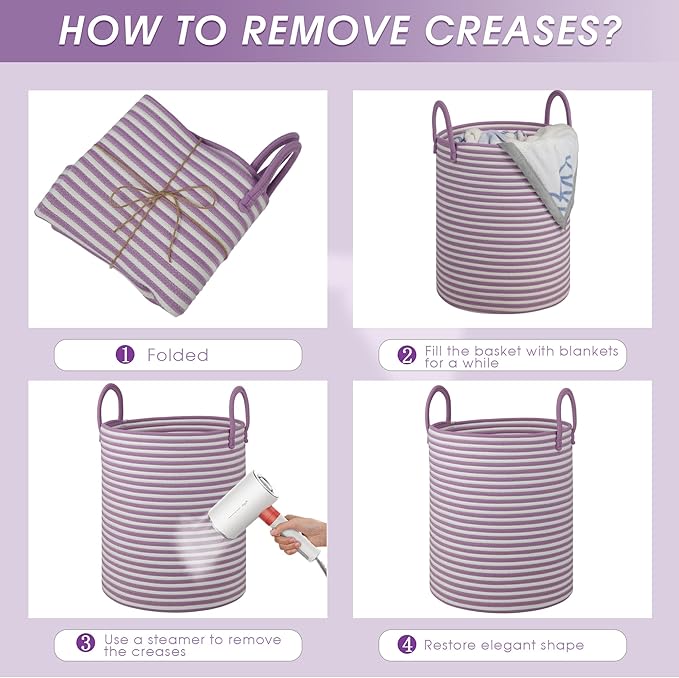 Large Laundry Basket,Laundry Hamper,15''x18'' Cotton Rope Storage Basket with Handles,baby hamper, Nursery Blanket Storage Living Room,toy basket,kids laundry,home decor (white+purple)